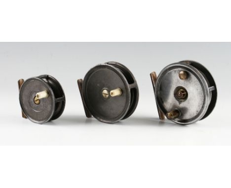 3x Trout alloy fly reels: Fine Allcock The Ousel by Young's 2.75" alloy trout fly reel, ivorine handle, constant check, retai
