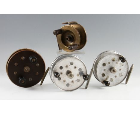 Collection of Ogden Smiths, Allcocks and other sea reels (4): Ogden Smiths London 4" brass wide drum casting reel with large 