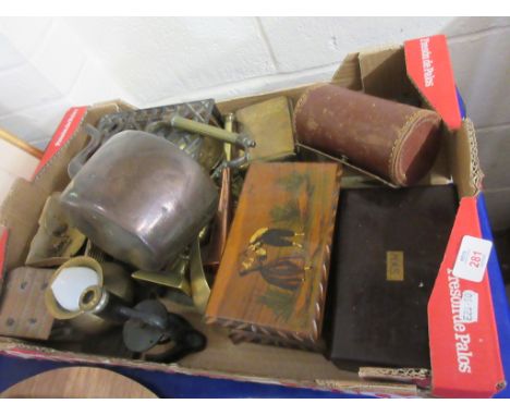 BOX CONTAINING QUANTITY OF HOUSEHOLD COLLECTABLES INCLUDING TREEN BOXES, BRASS CIGARETTE BOX, CANDLESTICK, MINIATURE MICROSCO