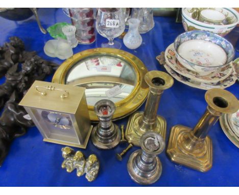 BRASS FRAMED CIRCULAR MIRROR, WIDTH APPROX 26CM TOGETHER WITH VARIOUS CANDLESTICKS, CARRIAGE CLOCK ETC
