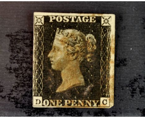 A Victorian Penny Black stamp, SG2 i d black plate 6, four clear margins and light brown postmark possibly m/c.