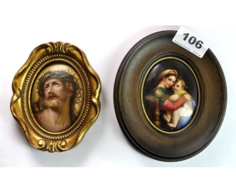 Two framed hand painted porcelain religious panels, 9 x 6.5cm (panel size).