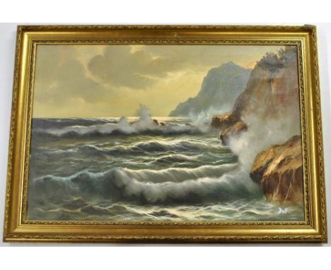 A large gilt framed oil on canvas, seascape, 104 x 75cm.