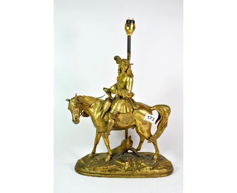 A 19th century gilt metal lamp base figure of a cavalier, H. 35cm.