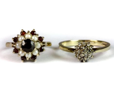 A 9ct gold cluster ring and a 9ct gold garnet and seed pearl ring.