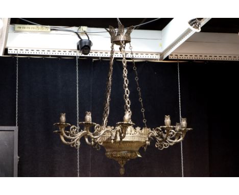 antique French Charles X style candle chandelier in silverplated bronze with ten branches and typical ornaments||Antieke Fran