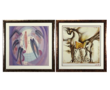 two framed silkscreens on silk (shawls) with prints of works by S. Dali||Twee ingekaderde silkscreens op zijde (sjaals) met t