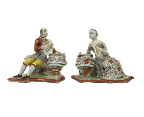 pair of quite exceptional 18th Cent. ornamental "petites feuilles" pieces in ceramic from Delft with a polychrome decor and e