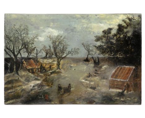 19th Cent. oil on panel||Negentiende eeuws olieverfschilderij op paneel met een geanimeerd winterlandschap met schaatsers  - 