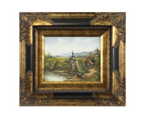 20th Cent. oil on panel||20ste eeuws olieverfschilderij op paneel : "Landschap met hoenderen"  -  26 x 30