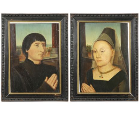 pendant of two antique oil on panel after portraits by "Flemish Primitif" painters||Pendant antieke olieverfschilderijen op p