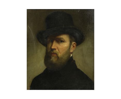 19th Cent. oil on canvas (on panel)||Negentiende eeuws olieverfschilderij op doek (op paneel) : "Jonge man met hoed"  -  57,5
