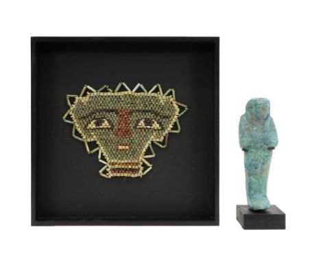 two Ancient Egyptian 26th to 30th dynasty items : a mask made from colourfull beads in ceramic and an ushabti in gazed earthe