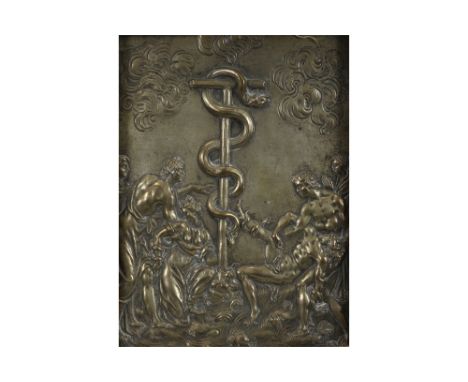 late 16th Cent. brass bas relief with the "Aesculapia" symbol in the center - with certificate ||Eind zestiende eeuwse bas-re
