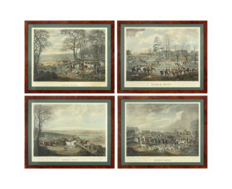 series of four antique English prints with hunting scenes||Reeks van vier antieke Engelse gravures met jachttaferelen  -  tel
