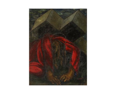 20th Cent. Belgian oil on panel - signed R. Stalmans||STALMANS R. olieverfschilderij op paneel met een compositie met persona