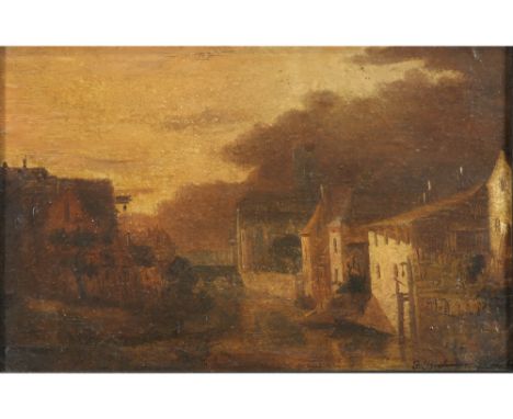 19th Cent. Belgian oil on panel||Negentiende eeuws Belgisch olieverfschilderij op paneel : "Stadszicht"  -  22 x 32 met apocr