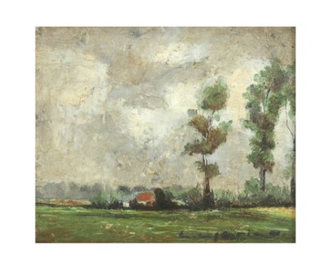 illegibly signed 20th Cent. Belgian oil on panel ||Onleesbaar getekend olieverfschilderij op paneel : "Vlaams landschap met h