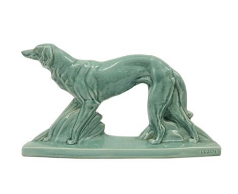 Lejan signed Art Deco sculpture in glazed ceramic||LEJAN (20° EEUW) Art Deco-sculptuur in faïence met craquelé-glazuur : "Win