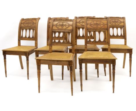 set of six 'antique' Directoire style chairs in cherrywood with typical, finely sculpted ornamentation||Set van zes 'antieke'