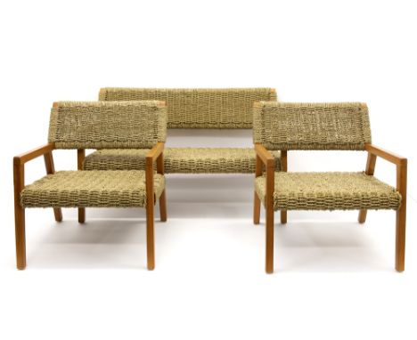 "Ode's Design" signed and marked "Boss" salon suite in wood and seagrass with a settee (n° 6/120) and a pair of armchairs (n°