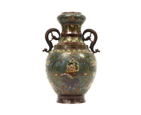 antique Japanese vase in bronze with cloisonné||Antieke Japanse vaas in brons met cloisonné  -  hoogte : 39 cm 