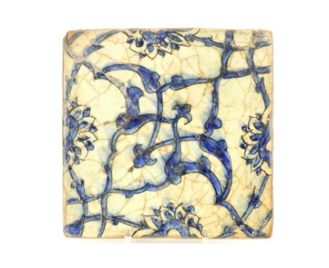 16th Cent. Ottoman ceramic tile with a blue-white decor this tile is similar to the one on the Dome of the Rock in Jerusalem 