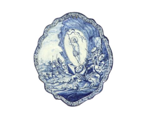 18th Cent. oval tile in ceramic with a blue-white painting with biblical depiction of the Ressurection of Christ||Achttiende 