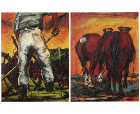 two illegibly signed oil on panel||Lot (2) onleesbaar getekende olieverfschilderijen op paneel : "Boerenpaard" en "Boer aan h