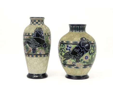 two Jugendstil vases in Amphora marked ceramic with a typical stylized flower and bird decor ||Lot van twee Jugendstil vazen 