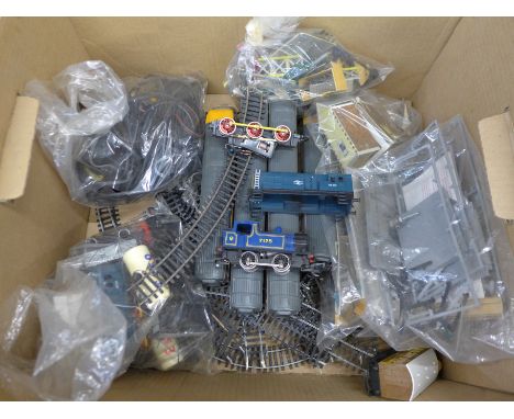 Hornby Railways OO gauge model rail, with engine, tender, track, transformer and buildings