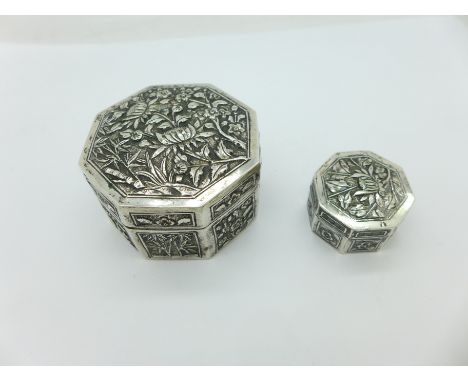 Two Chinese white metal trinket boxes