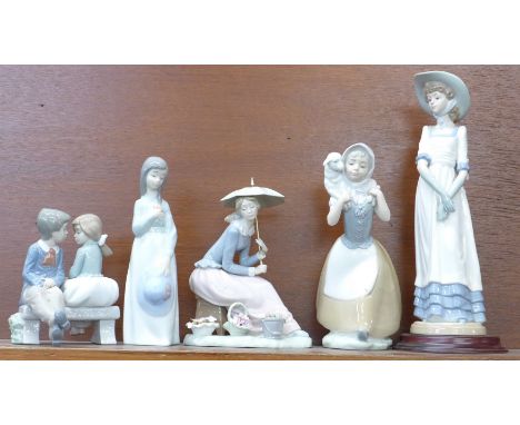 Five Nao figures, including Shepherd Girl and Girl with Parasol