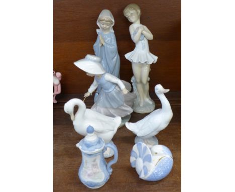 Two Nao figures, Ballet Dancer and Choir Girl, one other Nao figure of a Girl with Hoop, two Nao Geese, a Minton Turtle Dove 