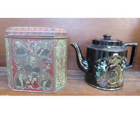 A Queen Victoria Jubilee teapot and a Colman's Mustard commemorative tin