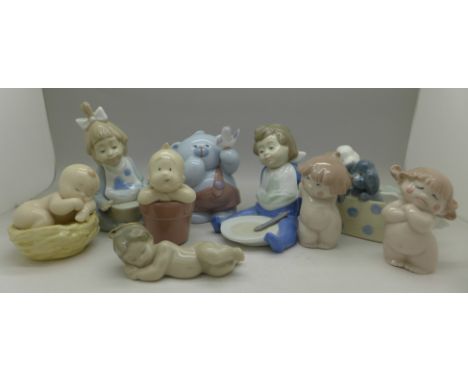 Eight Nao figures, including two cherubs, Teddy bear, two babies in a basket and flowerpot and a Lladro figure of a sleeping 