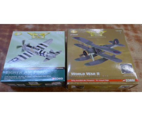 Two Corgi Aviation Archive die-cast aeroplanes, P-47D Thunderbolt, AA33806 and Fairey Swordfish Mk1 Floatplane 701 Catapult F