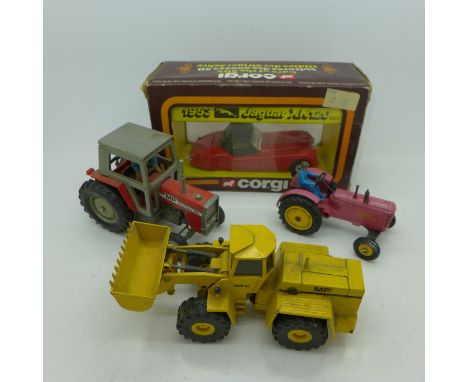 A Dinky Toys, Massey-Harris Farm Tractor, a Cursor-Modell 569 digger, one other Massey-Ferguson Tractor and a Corgi 1953 Jagu