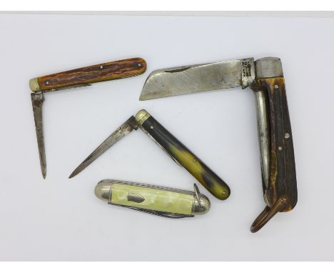 Four pocket knives, one with blade marked Harrison Brothers &amp; Howson