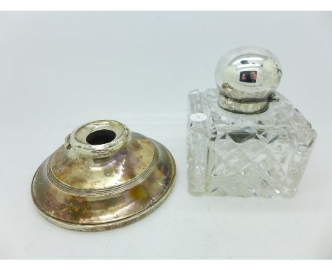 A silver cut glass inkwell and one other, a/f