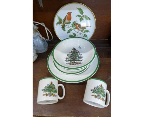 Spode Christmas tree china and a Spode robin redbreast plate