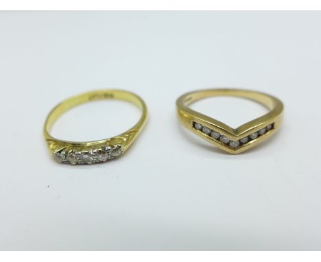 An 18ct gold and diamond ring, 3g, R, and a 9ct gold and diamond ring, 2.8g, N