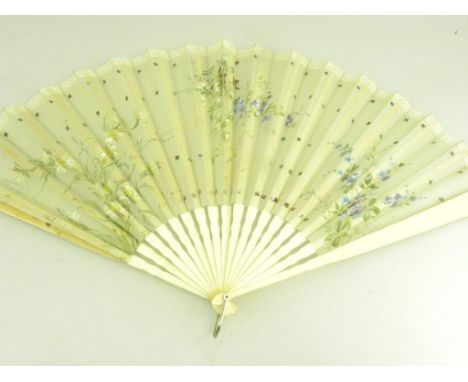 A FRENCH BONE FAN WITH SILK LEAF, PAINTED WITH NATURALISTIC FLOWERS AND TWO OTHER FANS, ALL LATE 19TH/EARLY 20TH CENTURY