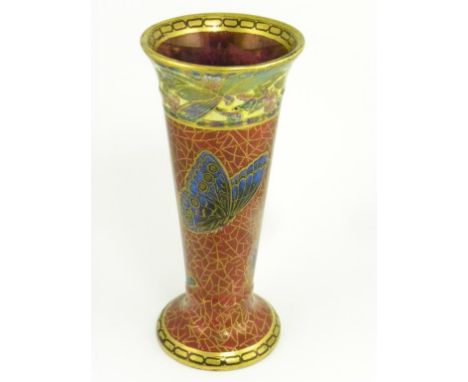 A MALING RUBY LUSTRE TRUMPET SHAPED VASE, DECORATED WITH BUTTERFLIES 