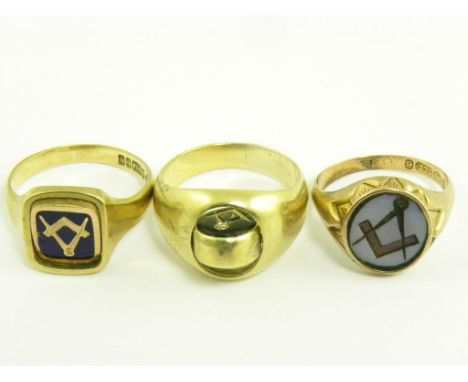 THREE GOLD MASONIC SIGNET RINGS ONE WITH HARDSTONE INTAGLIO, THE OTHER WITH SWIVEL ENAMEL DEVICE, 19G