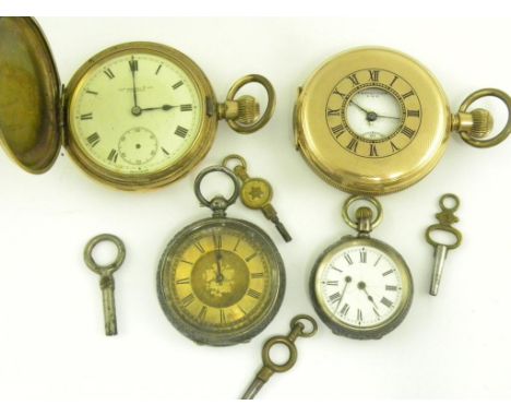 TWO SILVER FOB WATCHES, A GOLD PLATED KEYLESS LEVER HUNTING CASED WATCH AND A GOLD PLATED KEYLESS LEVER HALF HUNTING CASED WA