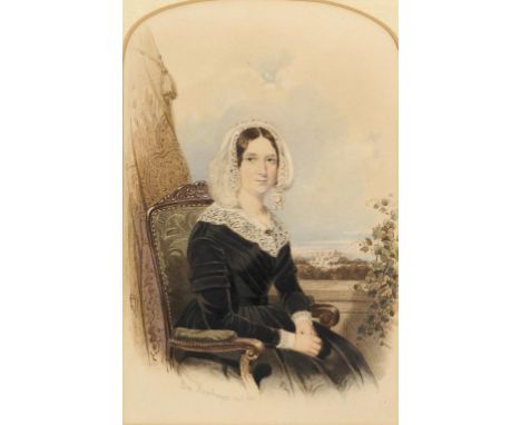 ELLEN HAMBURGER, PORTRAIT OF A LADY SEATED HALF LENGTH IN A BLACK DRESS, SIGNED AND DATED 1845, WATERCOLOUR, ARCHED TOP 