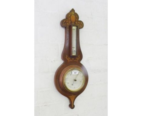 AN EDWARDIAN INLAID MAHOGANY ANEROID BAROMETER WITH MERCURY THERMOMETER, DIAL INSCRIBED M. WILKINSON, MANSFIELD