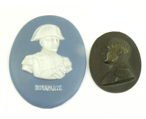 A BRONZE PORTRAIT MEDALLION OF NAPOLEON, 19TH CENTURY AND A WEDGWOOD STYLE JASPER WARE OVAL MEDALLION OF THE SAME, BOTH LATE 