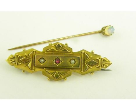 A GEM SET 9CT GOLD BAR BROOCH, CIRCA 1900 AND A GOLD STICK PIN WITH OPAL TERMINAL, 3.7G